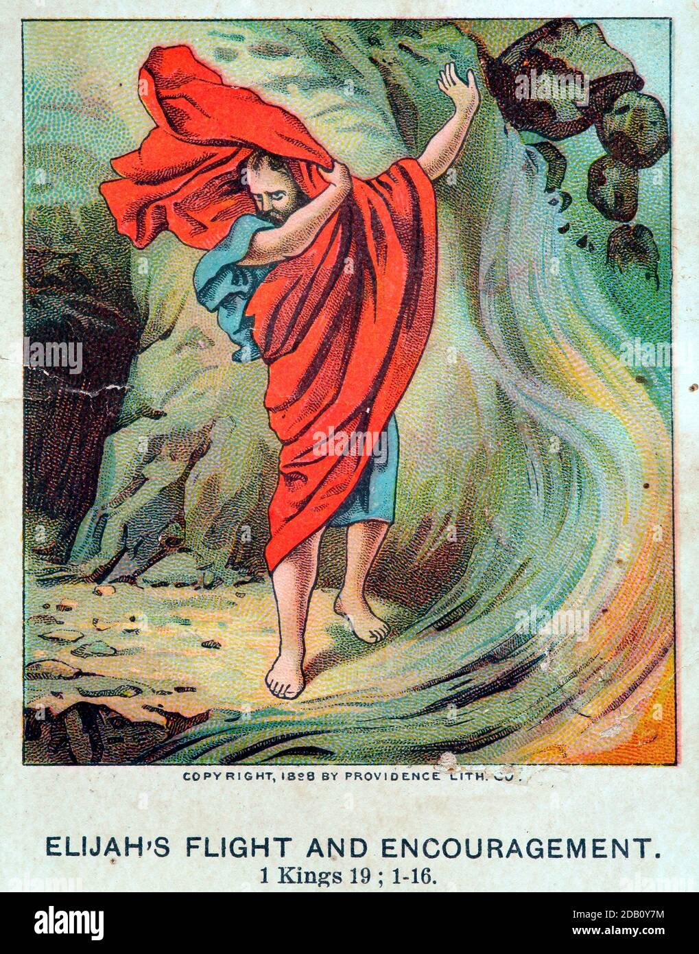 Antique bible lesson card depicting Elijah`s flight from Jezebel I KIngs 19 116 of the Holy